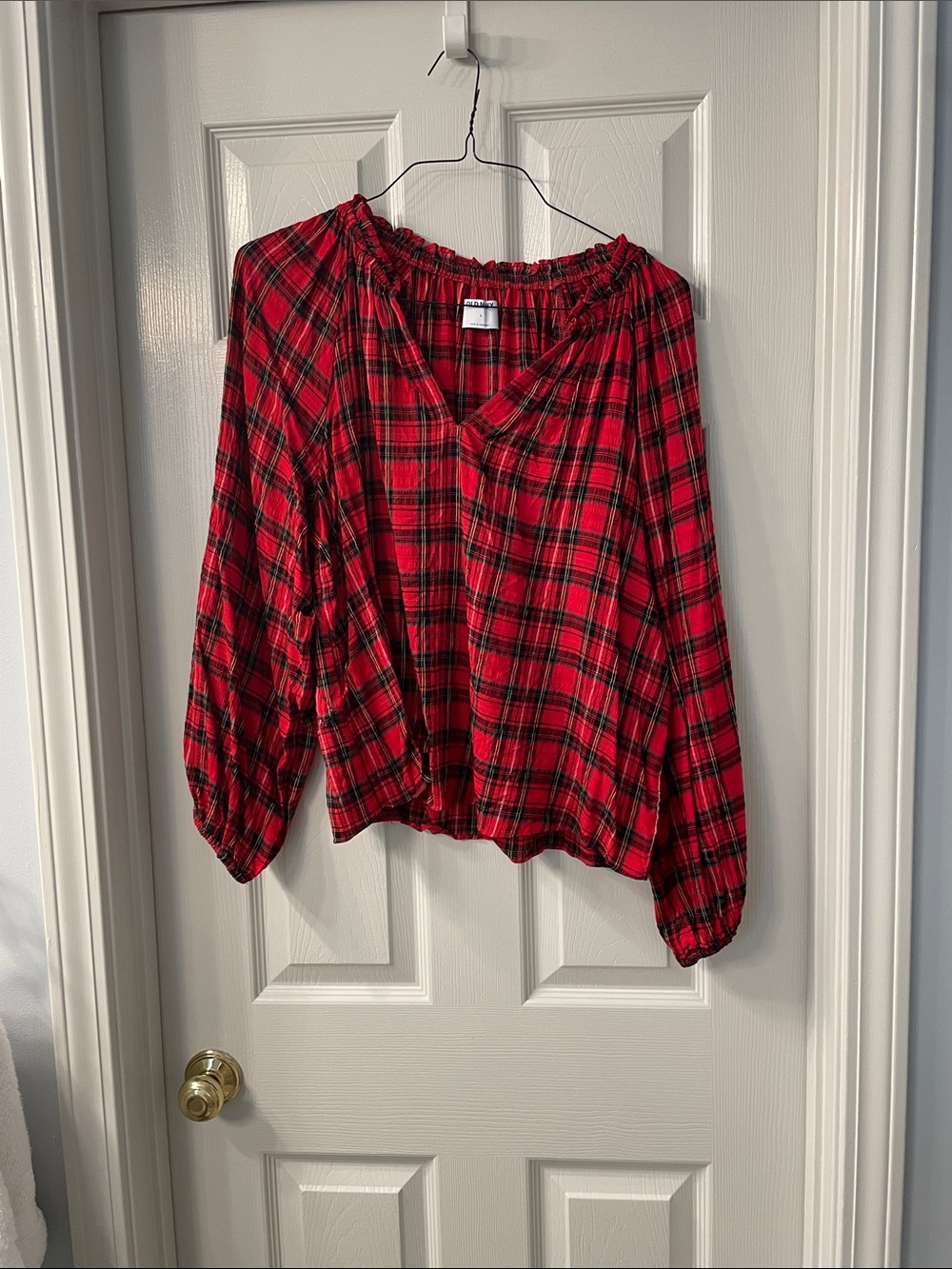 Old Navy Red Plaid Off-the-Shoulder Peasant Blouse